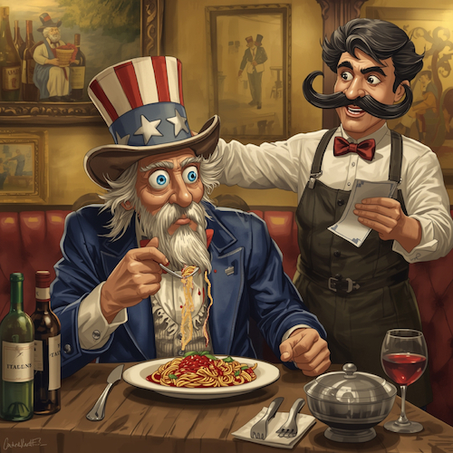 Cartoon: il conto (medium) by ab tagged usa,italien,nudeln,pasta,zoll,handel,preis,appetit,rechnung