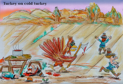 Cartoon: pilgrims horror (medium) by ab tagged thanksgiving,pilgrim,turkey,eat,drug,madness