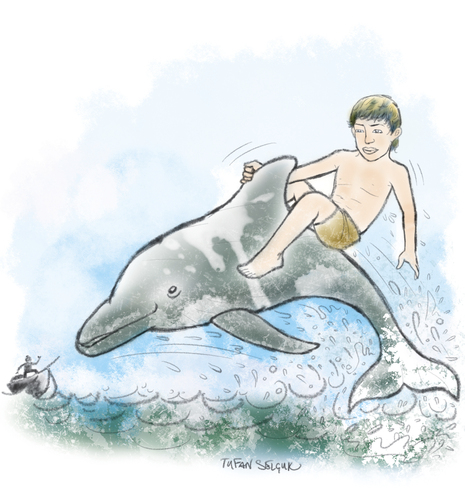 Cartoon: Hermiyas (medium) by Tufan Selcuk tagged hermiyas,dolphin,child,sea