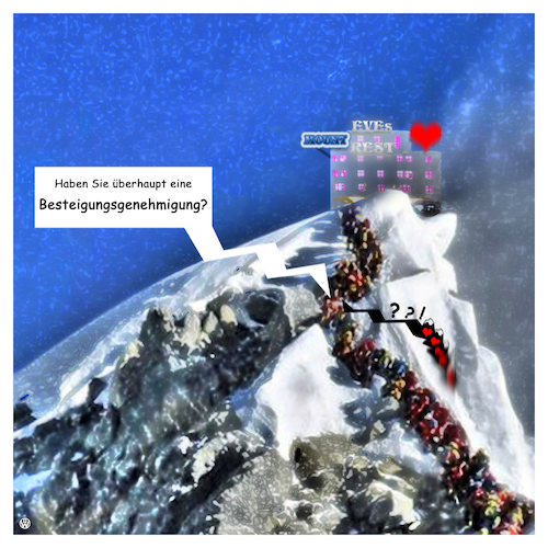 Cartoon: Besteigung (medium) by Night Owl tagged berg,nepal,mount,everest,himalaya,besteigung,massen,ansturm,gipfel,höhepunkt,climax,tote,todesfall,unfall,abenteuer,gefahr,me,too,eve,eva,bordell,puff,erholung