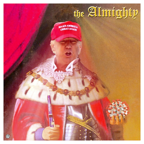 Cartoon: Donald the Almighty (medium) by Night Owl tagged corona,donald,trump,us,president,pandemic,battle,meuterei,diktatorisch,cuomo,briefing,fake,news,desinformation,propaganda,oan,fox,covid,19,virus,tv,social,media,twitter,fauci,shutdown,krisenmanagement,gouverneure,bundesstaaten