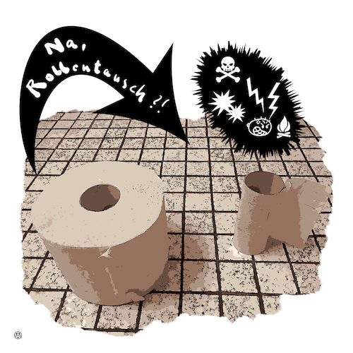 Cartoon: Rollentausch (medium) by Night Owl tagged klopapier,toilettenpapier,lavatory,paper,bathroom,tissue,rollentausch,role,reversal,swap,change,of,roles