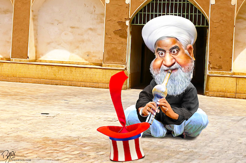 Cartoon: Snake Charmer Rouhani (medium) by Bart van Leeuwen tagged hassan,rouhani,trump,iran,united,states,rising,tensions,conflict,nuclear,deal,weapon,uranium,enrichment,sanctions,drone,oil,tankers