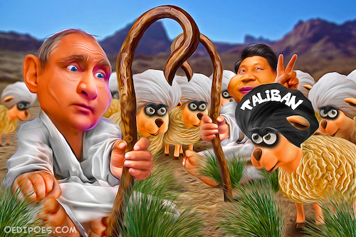 Cartoon: The Good Shepherds (medium) by Bart van Leeuwen tagged afghanistan,russia,china,vladimirputin,xijinping,taliban,border