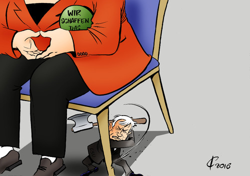 Cartoon: Angeknackst (medium) by Paolo Calleri tagged deutschland,bayern,grose,koalition,cdu,csu,schwesterpartei,bundeskanzlerin,angela,merkel,ministerpraesident,horst,seehofer,fluechtlinge,streit,obergrenze,asyl,grenzen,grenzicherung,schliesung,kontrollen,kanzlerschaft,karikatur,cartoon,paolo,calleri,deutschland,bayern,grose,koalition,cdu,csu,schwesterpartei,bundeskanzlerin,angela,merkel,ministerpraesident,horst,seehofer,fluechtlinge,streit,obergrenze,asyl,grenzen,grenzicherung,schliesung,kontrollen,kanzlerschaft,karikatur,cartoon,paolo,calleri