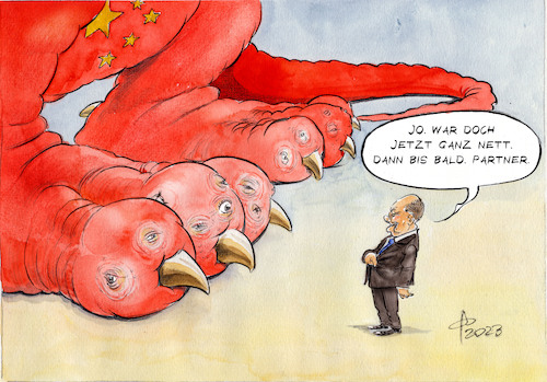 Cartoon: Auf Augenhöhe (medium) by Paolo Calleri tagged deutschland,china,regierungskonsultationen,konsultationen,wirtschaft,beziehungen,abhaengigkeiten,demokratie,zusammenarbeit,bundeskanzler,scholz,politik,karikatur,cartoon,paolo,calleri,deutschland,china,regierungskonsultationen,konsultationen,wirtschaft,beziehungen,abhaengigkeiten,demokratie,zusammenarbeit,bundeskanzler,scholz,politik,karikatur,cartoon,paolo,calleri