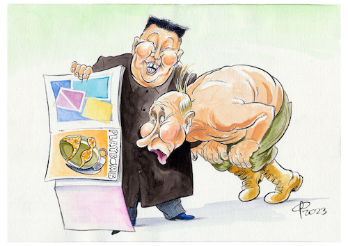 Cartoon: Besprechung sensibler Themen (medium) by Paolo Calleri tagged russland,nordkorea,machthaber,kim,jong,un,staatspraesident,putin,ukrainekrieg,militaer,waffen,treffen,karikatur,cartoon,paolo,calleri,russland,nordkorea,machthaber,kim,jong,un,staatspraesident,putin,ukrainekrieg,militaer,waffen,treffen,karikatur,cartoon,paolo,calleri