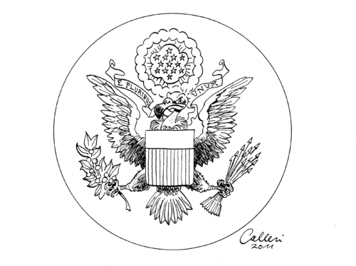 Cartoon: Great Seal (medium) by Paolo Calleri tagged kongress,us,herabstufung,kreditwuerdigkeit,schuldenkrise,schuldenlimit,schuldengrenze,republikaner,demokraten,streit,schuldendeal,haushaltskrise,moodys,poors,and,standard,ratingagenturen,usa,usa,ratingagenturen,standard,haushaltskrise,schuldendeal,demokraten,schuldengrenze,republikaner,herabstufung