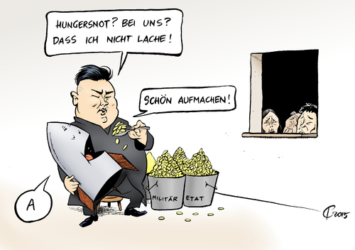 Cartoon: Hungersnot (medium) by Paolo Calleri tagged nordkorea,regime,kim,jong,un,militaerausgaben,atomraketen,volk,hunger,hungersnot,uno,hilfe,hilfsappell,hilfsprojekte,mangelernaehrung,lebensmittelversorgung,unterversorgung,lebensmittel,trinkwasser,karikatur,cartoon,paolo,calleri,nordkorea,regime,kim,jong,un,militaerausgaben,atomraketen,volk,hunger,hungersnot,uno,hilfe,hilfsappell,hilfsprojekte,mangelernaehrung,lebensmittelversorgung,unterversorgung,lebensmittel,trinkwasser,karikatur,cartoon,paolo,calleri