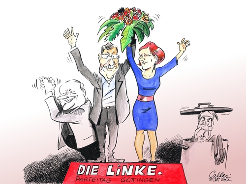 Cartoon: Linken-Parteitag in Göttingen (medium) by Paolo Calleri tagged linkspartei,linke,parteitag,göttingen,personaldebatte,parteivorsitzende,katja,kipping,parteivorsitzender,bernd,riexinger,parteichefs,oskar,lafontaine,dietmar,bartsch,spaltung,debatte,ost,west,volkspartei,interessenpartei,doppelspitze,neubeginn,linkspartei,linke,parteitag,göttingen,personaldebatte,parteivorsitzender,riexinger,kipping