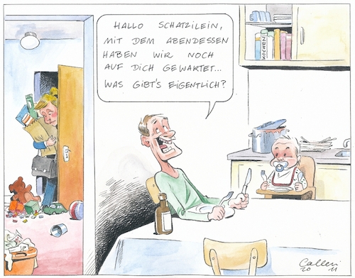 Cartoon: Nach d. Arbeit ist vor d. Arbeit (medium) by Paolo Calleri tagged arbeit,aufgabenteilung,chancengleichheit,chancen,berufstaetigkeit,beruf,haushalt,kind,frau,mann