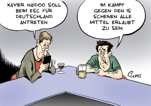 Cartoon: Naidoo (medium) by Paolo Calleri tagged islamischer,is,terror,frankreich,deutschland,eu,staat,anschlaege,eurovision,song,contest,musik,saenger,xavier,naidoo,lieder,wettbewerb,kampf,terroristen,islamisten,karikatur,cartoon,paolo,calleri,naidoo,xavier,esc,song,contest,eurovision