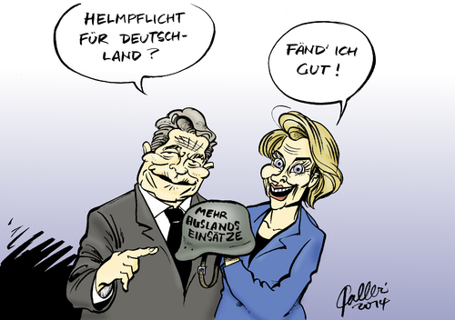 Cartoon: Testimonials (medium) by Paolo Calleri tagged usa,new,york,uno,deutschland,bundesverteidigungsministerin,von,der,leyen,bundespräsident,joachim,gauck,militär,bundeswehr,beteiligung,engagement,einsätze,radler,helmpflicht,verkehr,unfälle,helm,krieg,konflikte,karikatur,cartoon,paolo,calleri,usa,new,york,uno,deutschland,bundesverteidigungsministerin,von,der,leyen,bundespräsident,joachim,gauck,militär,bundeswehr,beteiligung,engagement,einsätze,radler,helmpflicht,verkehr,unfälle,helm,krieg,konflikte,karikatur,cartoon,paolo,calleri