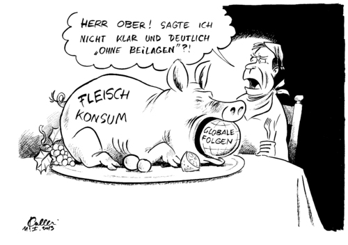 Cartoon: Wurscht (medium) by Paolo Calleri tagged fleisch,fleischkonsum,menschheit,global,auswirkungen,fleischverzehr,agrarflaechen,co2,produktion,tierquaelerei,rohstoffe,futtermittel,landflaechen,landwirtschaft,verbraucher,umweltschaeden,umweltschutz,tierschutz,ernaehrung,fleischatlas