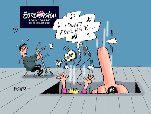 Cartoon: Ab in die Versenkung (medium) by RABE tagged esc,songcontets,rotterdam,jendrik,deutschland,ukulele,finger,rabe,ralf,böhme,cartoon,karikatur,pressezeichnung,farbcartoon,tagescartoon,hate,plazierung,vorletzter,bühne,bühnenboden,versenkung,falltüre,schlager,pop,esc,songcontets,rotterdam,jendrik,deutschland,ukulele,finger,rabe,ralf,böhme,cartoon,karikatur,pressezeichnung,farbcartoon,tagescartoon,hate,plazierung,vorletzter,bühne,bühnenboden,versenkung,falltüre,schlager,pop