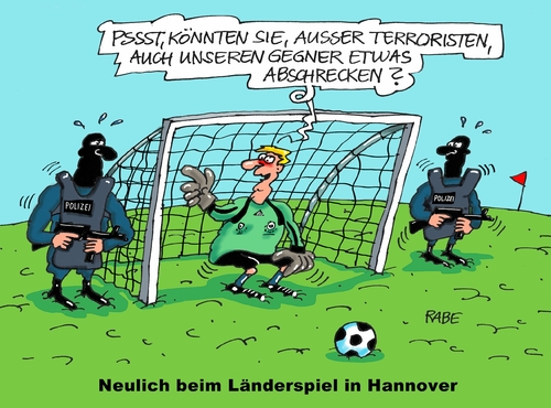 Cartoon: Abschreckung (medium) by RABE tagged hannover,fußball,länderspiel,holland,niederlande,terroristen,anschlag,sicherheitsbeamte,polizei,polizeischutz,sprengstoff,islamisten,is,syrien,islam,rabe,ralf,böhme,cartoon,karikatur,pressezeichnung,farbcartoon,tagescartoon,torwart,nationalelf,netz,gegner,abschreckung,hannover,fußball,länderspiel,holland,niederlande,terroristen,anschlag,sicherheitsbeamte,polizei,polizeischutz,sprengstoff,islamisten,is,syrien,islam,rabe,ralf,böhme,cartoon,karikatur,pressezeichnung,farbcartoon,tagescartoon,torwart,nationalelf,netz,gegner,abschreckung