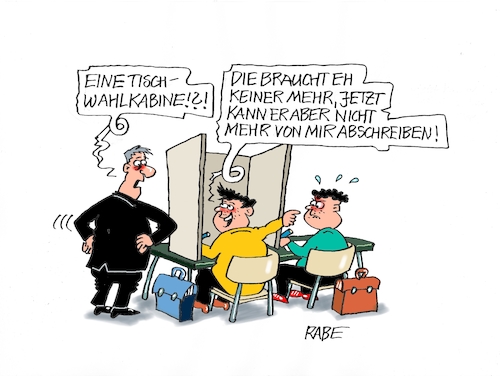 Cartoon: Abschreiber (medium) by RABE tagged ampel,ampelregierung,rot,grün,gelb,fdp,spd,grüne,rabe,ralf,böhme,cartoon,karikatur,pressezeichnung,farbcartoon,tagescartoon,inflation,einkommen,rente,rentenpaket,bruch,streit,neuwahlen,wahlkabine,tischwahlkabine,lehrer,schüler,schule,schulbank,kabine,abschreiber,klasse,banknachbar,ampel,ampelregierung,rot,grün,gelb,fdp,spd,grüne,rabe,ralf,böhme,cartoon,karikatur,pressezeichnung,farbcartoon,tagescartoon,inflation,einkommen,rente,rentenpaket,bruch,streit,neuwahlen,wahlkabine,tischwahlkabine,lehrer,schüler,schule,schulbank,kabine,abschreiber,klasse,banknachbar