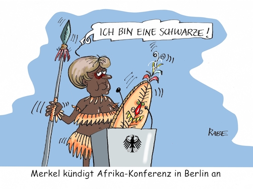 Cartoon: Afrikakonferenz (medium) by RABE tagged afrika,afrikakonferenz,berlin,staaten,namibia,kenia,uganda,staatschefs,stammesfürsten,flüchtlinge,mittelmeer,unterstützung,geberkonferenz,milliarden,zwanzig,hamburg,rabe,ralf,böhme,cartoon,karikatur,pressezeichnung,farbcartoon,tagescartoon,merkel,kanzlerin,union,cdu,gastgeberin,begrüßungsrede,einladung,afrikanerin,schwarze,schild,speer,medizinmann,afrika,afrikakonferenz,berlin,staaten,namibia,kenia,uganda,staatschefs,stammesfürsten,flüchtlinge,mittelmeer,unterstützung,geberkonferenz,milliarden,zwanzig,hamburg,rabe,ralf,böhme,cartoon,karikatur,pressezeichnung,farbcartoon,tagescartoon,merkel,kanzlerin,union,cdu,gastgeberin,begrüßungsrede,einladung,afrikanerin,schwarze,schild,speer,medizinmann