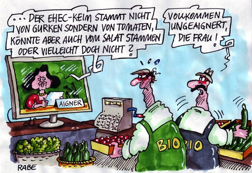 Cartoon: Aignerungstest (medium) by RABE tagged gülle,gemüseanbau,bioprodukte,biobauer,bauer,cdu,merkel,kanzlerin,dummheit,lügen,wahrheit,verbraucherschutzzentrale,verbraucherschutz,landwirtschaftsministerin,verbraucherschutzministerin,csu,aigner,ehec,norddeutschland,holland,spanien,treibhaus,chemie,dünger,salat,tomaten,salatgurken,blattsalat,hygiene,desinfektion,nierenversagen,intensivstation,dünnschiß,dünnpfiff,durchfall,virusinfektion,darmkeim,schadensratz,vernichten,krise,euro,schaden,verluste,kasse,verkaufsstand,gurken,schadenersatzklage,minus,verlustgeschäft,anbaufläche,gemüsebauer,ansteckungsgefahr,bodenprobe,risiko,verdacht,seuche,infektion,risikobewertung,belastung,dunkelziffer,aigner,verbraucherschutzministerin,landwirtschaftsministerin,verbraucherschutz,verbraucherschutzzentrale