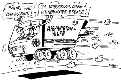 Cartoon: Alleinfahrt (medium) by RABE tagged karsai,afghanistanhilfe,bonn,afghanistankonferenz,afghanistan,westerwelle,außenminister,fdp,bundesregierung,kabul,nato,uno,bremse,alleinfahrt,euro,euroscheine,wiederaufbau,militäreinsatz,lkw,lastwagen,hilfsgüter,afghanistan,afghanistankonferenz,bonn,afghanistanhilfe,westerwelle,außenminister,fdp,bundesregierung