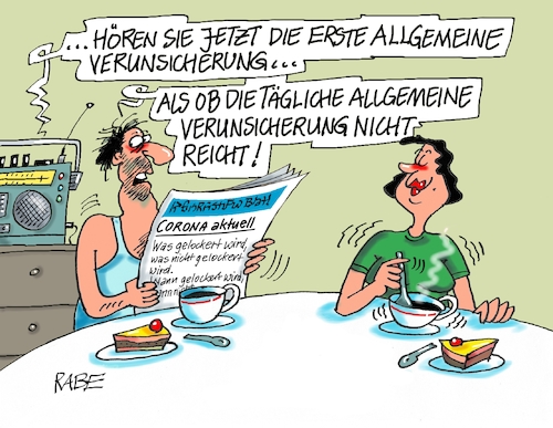 Cartoon: Allgemeine Verunsicherung (medium) by RABE tagged virus,corona,pandemie,coronakrise,rabe,ralf,böhme,cartoon,karikatur,pressezeichnung,farbcartoon,tagescartoon,viren,virenschutz,mundschutz,desinfektion,föderal,föderalismus,ländersache,lockerungen,abstandsregeln,reiseverkehr,coronaregeln,verbote,frühstückstisch,ehepaar,kofferradio,musik,pop,hit,eav,erste,allgemeine,verunsicherung,österreich,virus,corona,pandemie,coronakrise,rabe,ralf,böhme,cartoon,karikatur,pressezeichnung,farbcartoon,tagescartoon,viren,virenschutz,mundschutz,desinfektion,föderal,föderalismus,ländersache,lockerungen,abstandsregeln,reiseverkehr,coronaregeln,verbote,frühstückstisch,ehepaar,kofferradio,musik,pop,hit,eav,erste,allgemeine,verunsicherung,österreich