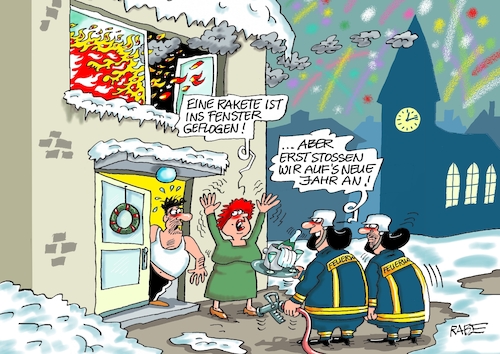 Cartoon: Anstoss (medium) by RABE tagged silvester,neujahr,jahresbeginn,prosit,rutsch,feuerwerk,böller,neujahrsansprache,silvesteransprache,rabe,ralf,böhme,cartoon,karikatur,pressezeichnung,farbcartoon,tagescartoon,tv,feuerwerkskörper,raketen,flammen,brand,feuer,feuerwehr,sekt,sektgläser,löschzug,silvester,neujahr,jahresbeginn,prosit,rutsch,feuerwerk,böller,neujahrsansprache,silvesteransprache,rabe,ralf,böhme,cartoon,karikatur,pressezeichnung,farbcartoon,tagescartoon,tv,feuerwerkskörper,raketen,flammen,brand,feuer,feuerwehr,sekt,sektgläser,löschzug