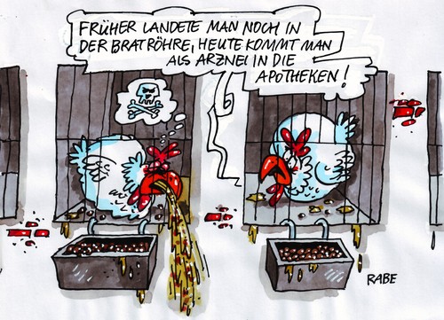 Cartoon: Antibiotika (medium) by RABE tagged antibiotika,verbraucherministerin,csu,aigner,hühner,hennen,hähnchen,geflügelfarm,arznei,verbraucher,verbraucherschutz,hähnchenmast,datenbank,überwachung,züchter,apotheken,rezept,pillen,dragees,kapseln,antibiotika,verbraucherministerin,hühner,hennen,hähnchen,geflügelfarm,arznei,verbraucher,aigner