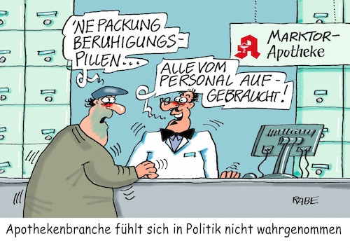 Cartoon: Apothekerärger (medium) by RABE tagged not,notaufnahme,ärzt,pflegepersonal,sanitäter,rettungskräfte,arzt,rabe,ralf,böhme,cartoon,karikatur,arztpraxis,wartezimmer,sprechzimmer,patient,apotheke,apotheker,apothekerbranche,kunde,beruhigungspillen,personal,medikamente,medikamenteknappheit,pillen,verbrauch,ärger,streik,wahrnehmung,not,notaufnahme,ärzt,pflegepersonal,sanitäter,rettungskräfte,arzt,rabe,ralf,böhme,cartoon,karikatur,arztpraxis,wartezimmer,sprechzimmer,patient,apotheke,apotheker,apothekerbranche,kunde,beruhigungspillen,personal,medikamente,medikamenteknappheit,pillen,verbrauch,ärger,streik,wahrnehmung