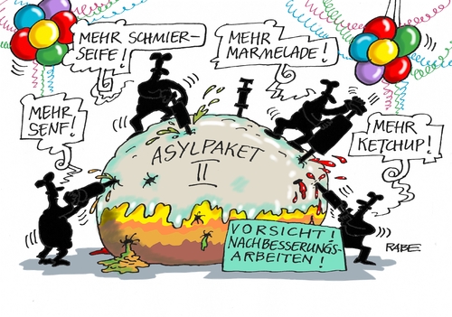 Cartoon: Asylpaket (medium) by RABE tagged asylpaket,asylanten,flüchtlinge,flüchtlingskrise,obergrenze,zuzug,grenzkontrollen,registrierung,rabe,ralf,böhme,cartoon,karikatur,pressezeichnung,farbcartoon,tagescartoon,innenminister,heiko,maas,fasching,karneval,pfannkuchen,berliner,spd,cdu,rosenmontag,asylpaket,asylanten,flüchtlinge,flüchtlingskrise,obergrenze,zuzug,grenzkontrollen,registrierung,rabe,ralf,böhme,cartoon,karikatur,pressezeichnung,farbcartoon,tagescartoon,innenminister,heiko,maas,fasching,karneval,pfannkuchen,berliner,spd,cdu,rosenmontag