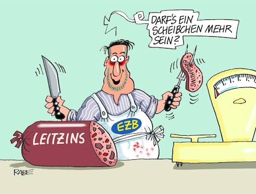 Cartoon: Aufgespiesstes (medium) by RABE tagged ezb,leitzins,erhöhung,zentralbank,euro,geld,börse,banken,anleger,brüssel,rabe,ralf,böhme,cartoon,karikatur,pressezeichnung,farbcartoon,tagescartoon,fleischer,metzger,waage,wurst,scheibchen,gabel,ezb,leitzins,erhöhung,zentralbank,euro,geld,börse,banken,anleger,brüssel,rabe,ralf,böhme,cartoon,karikatur,pressezeichnung,farbcartoon,tagescartoon,fleischer,metzger,waage,wurst,scheibchen,gabel