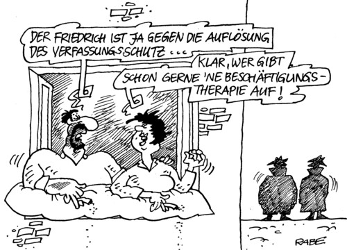 Cartoon: Auflösung (medium) by RABE tagged beschäftigungstherapie,verfassungsschutz,verfassungsschutzpräsident,fromm,rücktritt,rückzug,ruhestand,bundesinnenminister,friedrich,csu,pannen,pannenserie,neonazimorde,nazi,neonazi,aktenvernichtung,bnd,mann,rettungsschirm,dönermorde,neonazitrio,zwickau,terror,terrorzelle,aufklärung,bka,polizei,geheimdienst,thüringen,nsu,tschäpe,therapie,auflösung,therapiebewältigung,dunkelmänner,schlapphüte,beschäftigungstherapie,verfassungsschutz,verfassungsschutzpräsident,rücktritt,csu