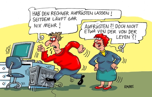 Cartoon: Aufrüstung (medium) by RABE tagged aufrüstung,rüstungsindustrie,bundeswehr,verteidigungsministerin,von,der,leyen,rabe,ralf,böhme,cartoon,karikatur,pressezeichnung,farbcartoon,tagescartoon,rechner,monitor,computer,programmierer,waffen,aufrüstung,rüstungsindustrie,bundeswehr,verteidigungsministerin,von,der,leyen,rabe,ralf,böhme,cartoon,karikatur,pressezeichnung,farbcartoon,tagescartoon,rechner,monitor,computer,programmierer,waffen