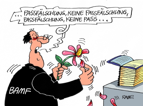 Cartoon: BAMF (medium) by RABE tagged pass,passfälschung,bamf,bundesamt,für,migration,ausweise,passfälscher,syrer,migranten,flüchtlinge,rabe,ralf,böhme,cartoon,karikatur,pressezeichnung,farbcartoon,tagescartoon,beamte,bka,geheindienste,terroristen,blume,blütenblätter,pass,passfälschung,bamf,bundesamt,für,migration,ausweise,passfälscher,syrer,migranten,flüchtlinge,rabe,ralf,böhme,cartoon,karikatur,pressezeichnung,farbcartoon,tagescartoon,beamte,bka,geheindienste,terroristen,blume,blütenblätter