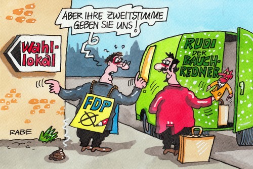 Cartoon: Bauchgerede (medium) by RABE tagged fdp,liberale,zweitstimme,leihstimme,bundestagswahl,merkel,kanzlerin,cdu,brüderle,rösler,rabe,ralf,böhme,cartoon,karikatur,pressezeichnung,farbcartoon,wahllokal,wähler,koalition,schwarzgelb,csu,seehofer,bayernwahl,spitzenkandidat,kanzlerschaft,kanzlerkandidat,steinbrück,spd,union,unionswähler,bundesregierung,bauch,bauchredner,bauchrednerpuppe,magen,rülpsen,rudi,künstler,zauberkünstler,show,fdp,liberale,zweitstimme,leihstimme,bundestagswahl,merkel,kanzlerin,cdu,brüderle,rösler,rabe,ralf,böhme,cartoon,karikatur,pressezeichnung,farbcartoon,wahllokal,wähler,koalition,schwarzgelb,csu,seehofer,bayernwahl,spitzenkandidat,kanzlerschaft,kanzlerkandidat,steinbrück,spd,union,unionswähler,bundesregierung,bauch,bauchredner,bauchrednerpuppe,magen,rülpsen,rudi,künstler,zauberkünstler,show