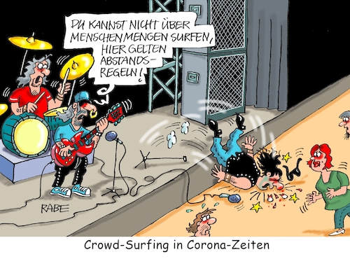 Cartoon: Bauchklatscher (medium) by RABE tagged virus,corona,pandemie,coronakrise,rabe,ralf,böhme,cartoon,karikatur,pressezeichnung,farbcartoon,tagescartoon,viren,virenschutz,mundschutz,desinfektion,föderal,föderalismus,ländersache,kultur,konzert,abstandsregeln,lockerungen,konzrtsaal,messehalle,rockkonzert,rocker,bauchklatscher,bühne,besucher,crowd,crowdsurfing,wellenreiten,fans,virus,corona,pandemie,coronakrise,rabe,ralf,böhme,cartoon,karikatur,pressezeichnung,farbcartoon,tagescartoon,viren,virenschutz,mundschutz,desinfektion,föderal,föderalismus,ländersache,kultur,konzert,abstandsregeln,lockerungen,konzrtsaal,messehalle,rockkonzert,rocker,bauchklatscher,bühne,besucher,crowd,crowdsurfing,wellenreiten,fans