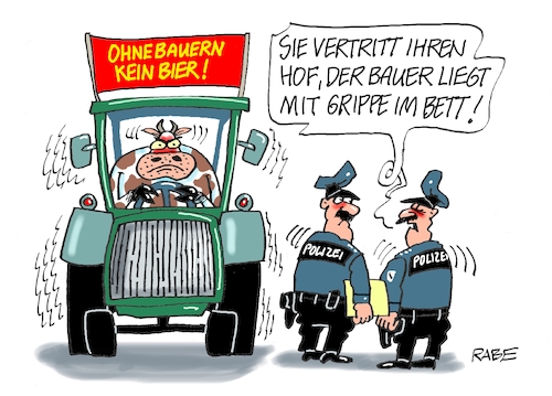 Cartoon: Bauernprotest mit Kuh (medium) by RABE tagged grüne,woche,özdemir,berlin,bauern,bauernproteste,bauernblockade,rabe,ralf,böhme,cartoon,karikatur,pressezeichnung,farbcartoon,tagescartoon,transparent,eingang,dürresommer,entschädigung,kuh,hof,hofbesitzer,bauerndemo,traktor,polizei,grippe,grüne,woche,özdemir,berlin,bauern,bauernproteste,bauernblockade,rabe,ralf,böhme,cartoon,karikatur,pressezeichnung,farbcartoon,tagescartoon,transparent,eingang,dürresommer,entschädigung,kuh,hof,hofbesitzer,bauerndemo,traktor,polizei,grippe