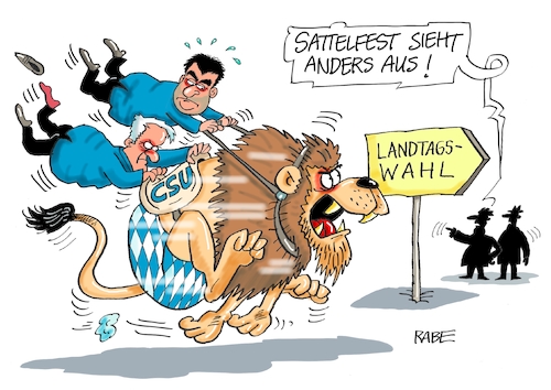 Cartoon: Bayernwahl (medium) by RABE tagged markus,söder,csu,bayern,münchen,landesvorsitzender,horst,seehofer,merkel,cdu,union,streit,unionstreit,asylstreit,ultimatum,grenze,zurückweisung,flüchtlinge,grenzkontrollen,bayernwahl,landtagswahl,oktober,wählerstimmen,verluste,afd,abwanderung,panil,demokratieverlust,löwe,reite,sattel,sattelfest,markus,söder,csu,bayern,münchen,landesvorsitzender,horst,seehofer,merkel,cdu,union,streit,unionstreit,asylstreit,ultimatum,grenze,zurückweisung,flüchtlinge,grenzkontrollen,bayernwahl,landtagswahl,oktober,wählerstimmen,verluste,afd,abwanderung,panil,demokratieverlust,löwe,reite,sattel,sattelfest