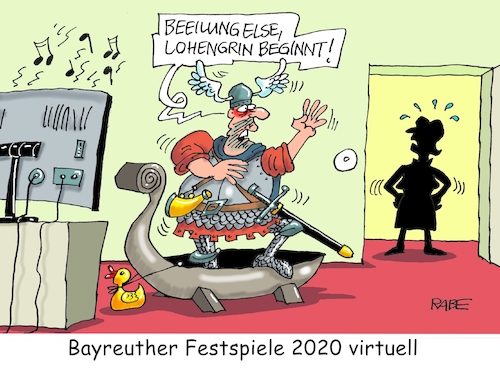 Cartoon: Bayreuther Testspiele (medium) by RABE tagged virus,corona,pandemie,coronakrise,rabe,ralf,böhme,cartoon,karikatur,pressezeichnung,farbcartoon,tagescartoon,viren,virenschutz,mundschutz,desinfektion,föderal,föderalismus,ländersache,abstandsregeln,masken,virtuell,lohengrin,bayreith,wagner,grüner,hügel,tv,netz,internet,online,bayern,virus,corona,pandemie,coronakrise,rabe,ralf,böhme,cartoon,karikatur,pressezeichnung,farbcartoon,tagescartoon,viren,virenschutz,mundschutz,desinfektion,föderal,föderalismus,ländersache,abstandsregeln,masken,virtuell,lohengrin,bayreith,wagner,grüner,hügel,tv,netz,internet,online,bayern