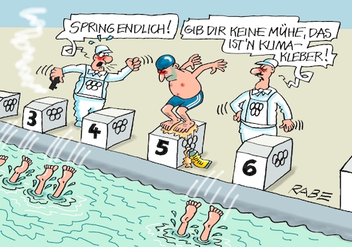 Cartoon: Beckenspringer (medium) by RABE tagged olympiade,sommerspiele,sport,paris,cartoon,karikatur,pressezeichnung,farbcartoon,tagescartoon,treppchen,podest,siegerehrung,siegerpodest,hund,herrchen,training,ringe,fische,seine,fluß,luftblasen,schimmer,schwimmwettkampf,startblock,wasser,klimaaktivisten,kleber,uhu,leim,klimakleber,starter,olympiade,sommerspiele,sport,paris,cartoon,karikatur,pressezeichnung,farbcartoon,tagescartoon,treppchen,podest,siegerehrung,siegerpodest,hund,herrchen,training,ringe,fische,seine,fluß,luftblasen,schimmer,schwimmwettkampf,startblock,wasser,klimaaktivisten,kleber,uhu,leim,klimakleber,starter