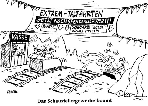 Cartoon: Bergab (medium) by RABE tagged talfahrt,euro,dollar,dax,börse,stimmung,krise,schuldenkrise,anleger,spekulanten,zinsen,kredit,eu,brüssel,bundesregierung,merkel,cdu,fdp,koalition,koalitionspartner,schwarzgelb,rösler,stattsanleihen,finanzchefs,dowjones,börsianer,talfhrt,extremsport,schausteller,berge,bergab,schienen,wagen,transparent,spektakuläres,boom,kasse,kassenwart,felsmassiv,abgrund,absturz,tiefe,fall,talfahrt,dollar,dax,börse,stimmung,anleger,schuldenkrise,zinsen,kredit,bundesregierung