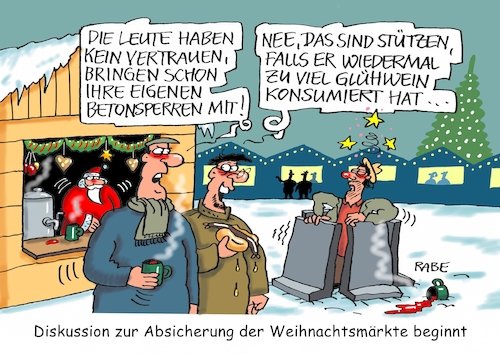 Cartoon: Betonsperriges (medium) by RABE tagged terror,terroranschläge,lkw,lieferwagen,betonsperren,panzersperren,betonpoller,anschläge,islamisten,is,weihnachtsmärkte,rabe,ralf,böhme,cartoon,karikatur,pressezeichnung,farbcartoon,tagescartoon,weihnachtsmarkt,stände,glühwein,stützen,betrunken,alkohol,schwipps,sicherheit,innenminister,terror,terroranschläge,lkw,lieferwagen,betonsperren,panzersperren,betonpoller,anschläge,islamisten,is,weihnachtsmärkte,rabe,ralf,böhme,cartoon,karikatur,pressezeichnung,farbcartoon,tagescartoon,weihnachtsmarkt,stände,glühwein,stützen,betrunken,alkohol,schwipps,sicherheit,innenminister