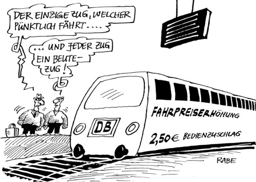 Cartoon: Beutezug (medium) by RABE tagged deutsche,bahn,ag,streik,euro,krise,lokfüher,bahnhof,ice,zug,wagon,schienen,servicepoint,reisende,bahnsteig,koffer,gepäck,fahrkarten,fahrkartenautomat,zuschlag,verspätung,servicezuschlag,biedienzuschlag,bahncard,umleitung,bahnvorstand,gewerkschaften,deutsche bahn,db,bahn,transport,krise,lokfüher,bahnhof,ice,reisende,bahnsteig,deutsche