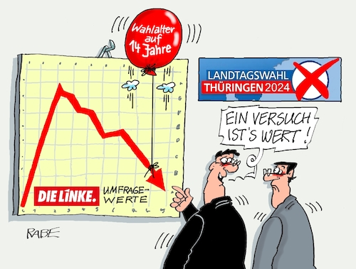 Cartoon: Bilanzen (medium) by RABE tagged thüringen,landtagswahlen,ramelow,landesregierung,rot,grün,linke,rabe,ralf,böhme,cartoon,karikatur,pressezeichnung,farbcartoon,tagescartoon,bilanzen,diagramm,wählerstimmen,jugendliche,wahlalter,senkung,anhebung,wähler,luftballon,thüringen,landtagswahlen,ramelow,landesregierung,rot,grün,linke,rabe,ralf,böhme,cartoon,karikatur,pressezeichnung,farbcartoon,tagescartoon,bilanzen,diagramm,wählerstimmen,jugendliche,wahlalter,senkung,anhebung,wähler,luftballon