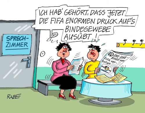 Cartoon: Bindengewebe (medium) by RABE tagged fussball,em,damenfussball,frauenfussball,wembley,rabe,ralf,böhme,cartoon,karikatur,pressezeichnung,farbcartoon,tagescartoon,sieg,endspiel,gasgedöns,gaskrise,sport,spielfeld,tor,wm,weltmeisterschaft,fifa,druck,sanktionen,katar,one,love,binde,wüstenstaat,scheichs,menschenrechte,protest,arzt,arztpraxis,sprechzimmer,zeitung,bindegewebe,fussball,em,damenfussball,frauenfussball,wembley,rabe,ralf,böhme,cartoon,karikatur,pressezeichnung,farbcartoon,tagescartoon,sieg,endspiel,gasgedöns,gaskrise,sport,spielfeld,tor,wm,weltmeisterschaft,fifa,druck,sanktionen,katar,one,love,binde,wüstenstaat,scheichs,menschenrechte,protest,arzt,arztpraxis,sprechzimmer,zeitung,bindegewebe