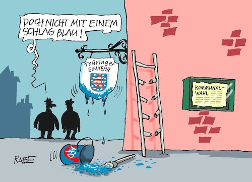 Cartoon: Blaustich (medium) by RABE tagged landtagswahl,thüringen,septemper,cdu,afd,mario,voigt,bernd,höcke,tv,duell,fernsehduell,rabe,ralf,böhme,cartoon,karikatur,pressezeichnung,farbcartoon,tagescartoon,kommunalwahl,bürgermeisteramt,landratsamt,wahlerbenisse,blau,blaustich,blauanstrich,aaushängesschild,einkehr,werbeschild,leiter,farbeimer,pinsel,absturz,sprossen,landtagswahl,thüringen,septemper,cdu,afd,mario,voigt,bernd,höcke,tv,duell,fernsehduell,rabe,ralf,böhme,cartoon,karikatur,pressezeichnung,farbcartoon,tagescartoon,kommunalwahl,bürgermeisteramt,landratsamt,wahlerbenisse,blau,blaustich,blauanstrich,aaushängesschild,einkehr,werbeschild,leiter,farbeimer,pinsel,absturz,sprossen