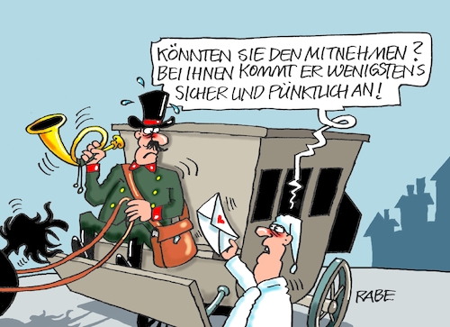 Cartoon: Bockiger Kutscher (medium) by RABE tagged post,briefkasten,dhl,briefe,zusteller,corona,personalprobleme,zustellerprobleme,notfallplan,briefschlitz,rabe,ralf,böhme,cartoon,karikatur,pressezeichnung,farbcartoon,tagescartoon,posthorn,leerzeiten,verzögerungen,beschwerden,verlust,fehlleitung,pakete,postzusteller,päckchen,potler,kutscher,postkutsche,kutschbock,michel,empfänger,absender,postillon,post,briefkasten,dhl,briefe,zusteller,corona,personalprobleme,zustellerprobleme,notfallplan,briefschlitz,rabe,ralf,böhme,cartoon,karikatur,pressezeichnung,farbcartoon,tagescartoon,posthorn,leerzeiten,verzögerungen,beschwerden,verlust,fehlleitung,pakete,postzusteller,päckchen,potler,kutscher,postkutsche,kutschbock,michel,empfänger,absender,postillon