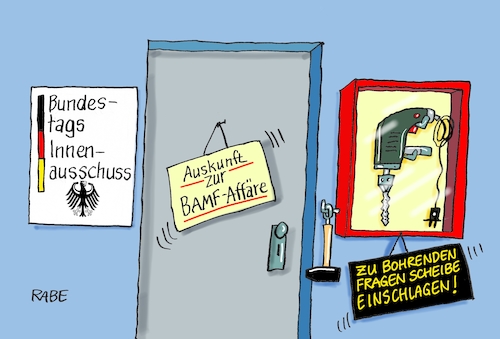 Cartoon: Bohrende Fragerei (medium) by RABE tagged ausländerbehörde,bamf,fingerabdruck,fingerabdrucknahme,lupe,zeichner,rabe,ralf,böhme,cartoon,karikatur,pressezeichnung,farbcartoon,tagescartoon,flüchtlinge,bewilligung,bewilligungsbescheid,untersuchungsausschuß,innenausschuß,bundestag,präsidentin,jutta,cordt,befragung,boher,bohrmaschine,ungereimtheiten,ausländerbehörde,bamf,fingerabdruck,fingerabdrucknahme,lupe,zeichner,rabe,ralf,böhme,cartoon,karikatur,pressezeichnung,farbcartoon,tagescartoon,flüchtlinge,bewilligung,bewilligungsbescheid,untersuchungsausschuß,innenausschuß,bundestag,präsidentin,jutta,cordt,befragung,boher,bohrmaschine,ungereimtheiten