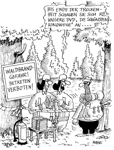 Cartoon: Brandheiß (medium) by RABE tagged feuerwehreinstz,feuerwehr,rettungseinsatz,rettungsdienst,flammen,brand,brandgefahr,waldbrandgefahr,flammenherd,brandbekämpfung,brandwache,kameraden,löschzug,naßlöscher,pulverlöscher,trockenheit,hitze,kippe,zigarette,glut,brandnester,hydrant,wasser,schlauchwanderer,wald,waldweg,kiefer,tanne,ficht,baum,laubbaum,dvd,absperrung,absperrband,player,video,rucksack,uniform,schutzhelm,feuerwehr,feuerwehreinstz,rettungsdienst,brandgefahr,waldbrandgefahr,brand,flammen,zigarette,pulverlöscher,brandnester