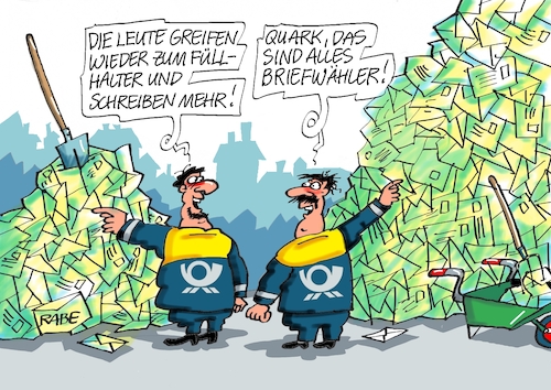 Cartoon: Briefwahl überall (medium) by RABE tagged wahl,wahlomat,wahlkämpfer,europawahl,landtagswahl,wähler,wahlplakate,rabe,ralf,böhme,cartoon,karikatur,pressezeichnung,farbcartoon,tagescartoon,briefwahl,briefwähler,stimmzettel,brief,briefkuvert,postbote,briefträger,mistgabel,füllhalter,wahl,wahlomat,wahlkämpfer,europawahl,landtagswahl,wähler,wahlplakate,rabe,ralf,böhme,cartoon,karikatur,pressezeichnung,farbcartoon,tagescartoon,briefwahl,briefwähler,stimmzettel,brief,briefkuvert,postbote,briefträger,mistgabel,füllhalter