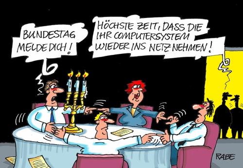 Cartoon: Bundestag vom Netz (medium) by RABE tagged bundestag,bundesregierung,it,internet,netz,abhörskandal,lauschangriff,nsa,hacker,bnd,spionage,rechner,computersystem,rabe,ralf,böhme,cartoon,karikatur,pressezeichnung,farbcartoon,tagescartoon,spiritisten,geisterbeschwörung,jenseits,anruf,bundestag,bundesregierung,it,internet,netz,abhörskandal,lauschangriff,nsa,hacker,bnd,spionage,rechner,computersystem,rabe,ralf,böhme,cartoon,karikatur,pressezeichnung,farbcartoon,tagescartoon,spiritisten,geisterbeschwörung,jenseits,anruf